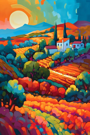 Greece landscape, vibrant colors, hand drawn style illustration, AI Generatedの素材