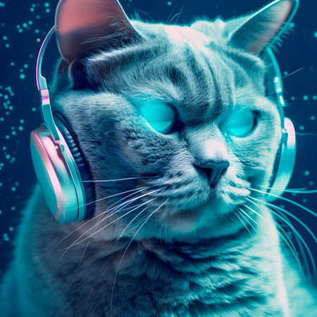 Fashionable Cat wearing headphones, music anthropomorphic cat, neon lights, AI Generatedの素材