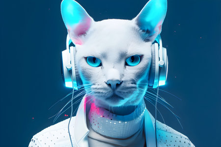Fashionable Cat wearing headphones, music anthropomorphic cat, neon lights, AI Generatedの素材