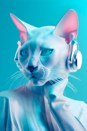 Fashionable Cat wearing headphones, music anthropomorphic cat, neon lights, AI Generatedの素材