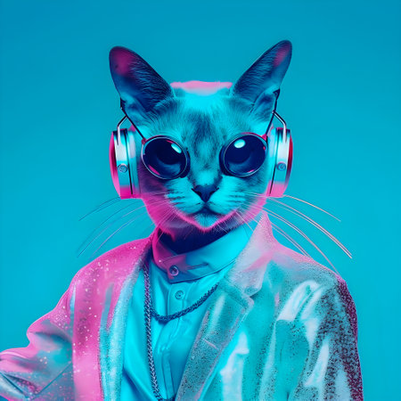 Fashionable Cat wearing headphones, music anthropomorphic cat, neon lights, AI Generatedの素材