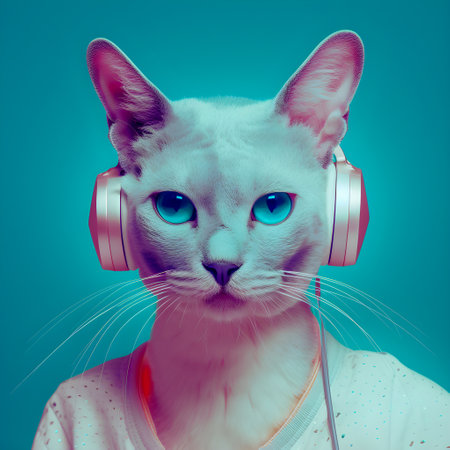 Fashionable Cat wearing headphones, music anthropomorphic cat, neon lights, AI Generatedの素材