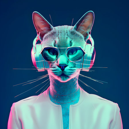 Fashionable Cat wearing headphones, music anthropomorphic cat, neon lights, AI Generatedの素材