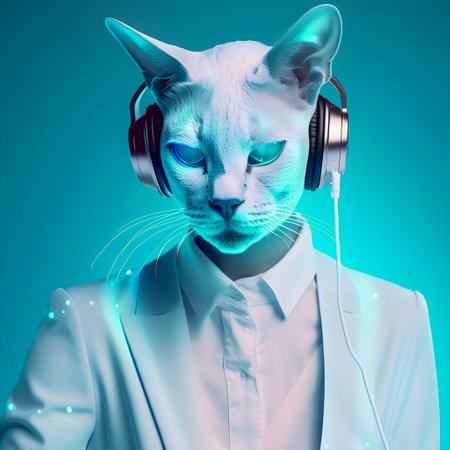 Fashionable Cat wearing headphones, music anthropomorphic cat, neon lights, AI Generatedの素材