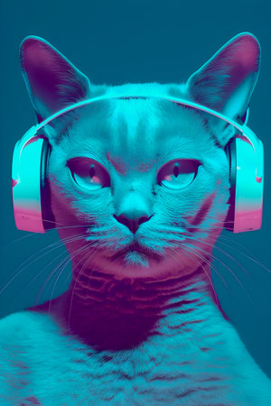 Fashionable Cat wearing headphones, music anthropomorphic cat, neon lights, AI Generatedの素材