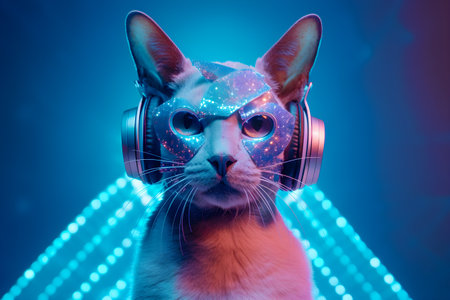 Fashionable Cat wearing headphones, music anthropomorphic cat, neon lights, AI Generatedの素材