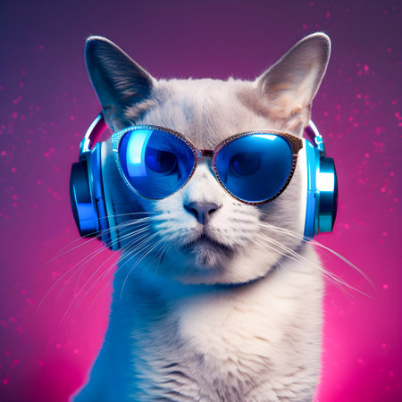Fashionable Cat wearing headphones, music anthropomorphic cat, neon lights, AI Generatedの素材