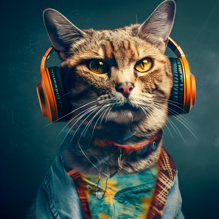 Fashionable Cat wearing headphones, music anthropomorphic cat, neon lights, AI Generatedの素材