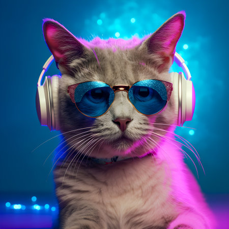 Fashionable Cat wearing headphones, music anthropomorphic cat, neon lights, AI Generatedの素材