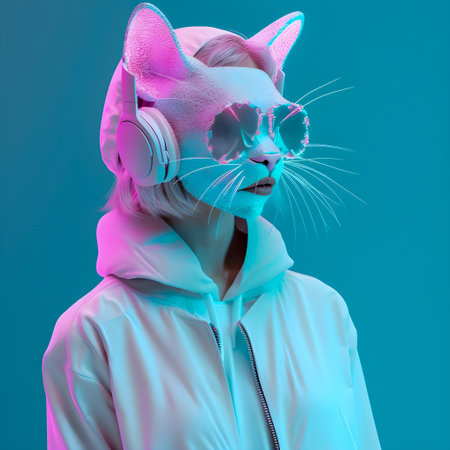 Fashionable Cat wearing headphones, music anthropomorphic cat, neon lights, AI Generatedの素材