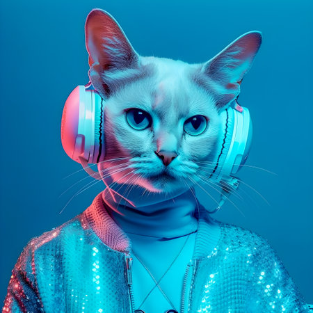 Fashionable Cat wearing headphones, music anthropomorphic cat, neon lights, AI Generatedの素材