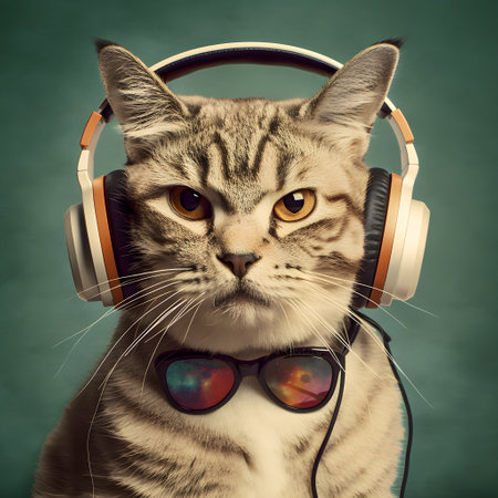 Fashionable Cat wearing headphones, music anthropomorphic cat, neon lights, AI Generatedの素材