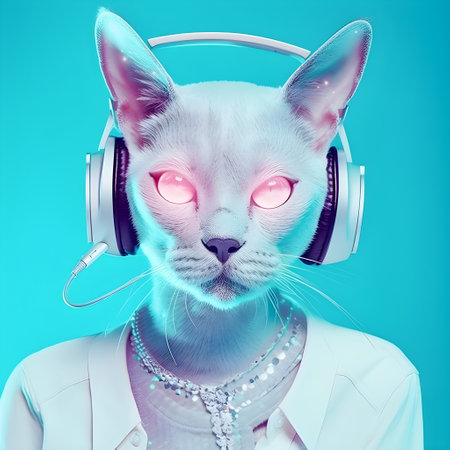 Fashionable Cat wearing headphones, music anthropomorphic cat, neon lights, AI Generatedの素材