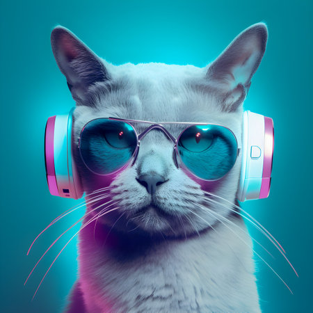 Fashionable Cat wearing headphones, music anthropomorphic cat, neon lights, AI Generatedの素材
