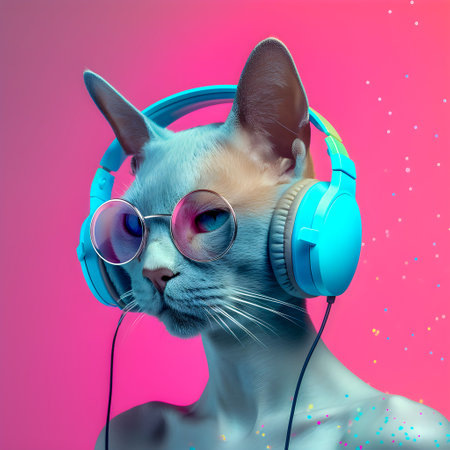 Fashionable Cat wearing headphones, music anthropomorphic cat, neon lights, AI Generatedの素材