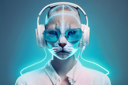 Fashionable Cat wearing headphones, music anthropomorphic cat, neon lights, AI Generatedの素材