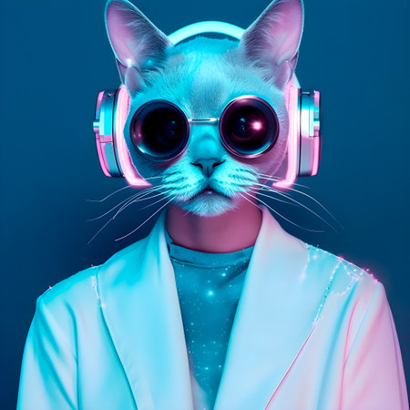 Fashionable Cat wearing headphones, music anthropomorphic cat, neon lights, AI Generatedの素材
