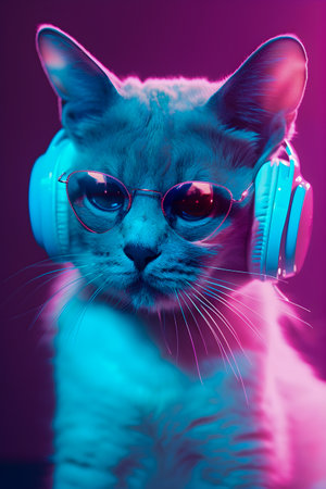 Fashionable Cat wearing headphones, music anthropomorphic cat, neon lights, AI Generatedの素材