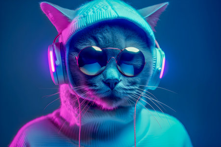 Fashionable Cat wearing headphones, music anthropomorphic cat, neon lights, AI Generatedの素材