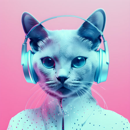 Fashionable Cat wearing headphones, music anthropomorphic cat, neon lights, AI Generatedの素材