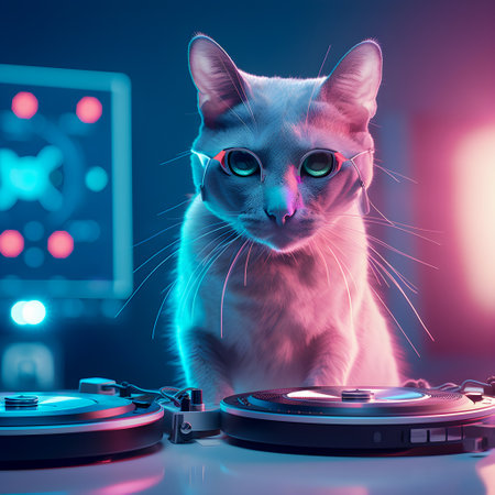 Fashionable portrait of anthropomorphic cute cat dj illustration, AI Generatedの素材
