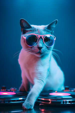 Fashionable portrait of anthropomorphic cute cat dj illustration, AI Generatedの素材