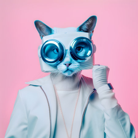 Fashionable portrait of anthropomorphic cute cat dj illustration, AI Generatedの素材