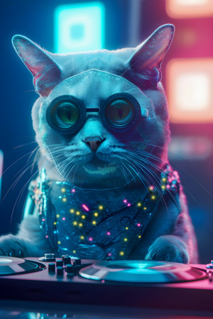 Fashionable portrait of anthropomorphic cute cat dj illustration, AI Generatedの素材