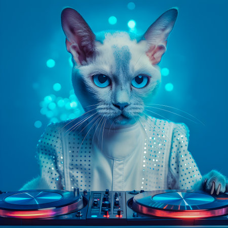 Fashionable portrait of anthropomorphic cute cat dj illustration, AI Generatedの素材