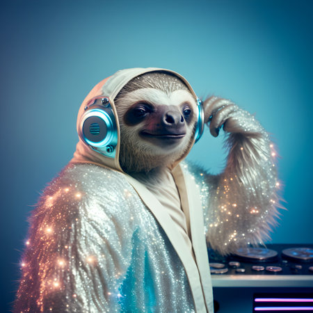 Fashionable portrait of anthropomorphic cute sloth dj illustration, AI Generatedの素材