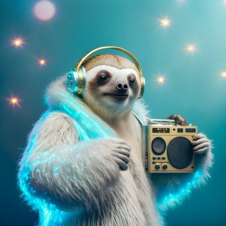 Fashionable portrait of anthropomorphic cute sloth dj illustration, AI Generatedの素材