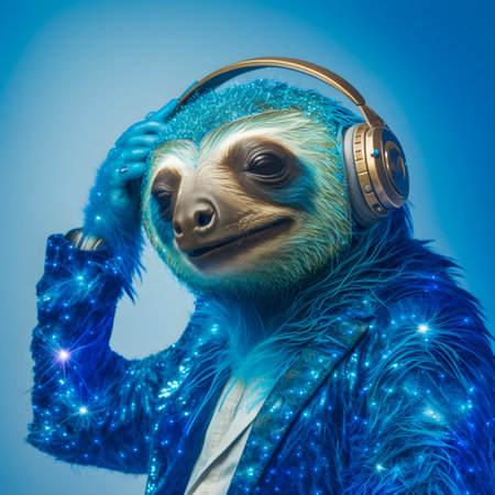 Fashionable portrait of anthropomorphic cute sloth dj illustration, AI Generatedの素材