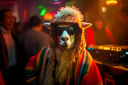 Dj Lama on saturday night, disco style background, anthropomorphic animals, AI Generatedの素材