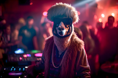 Dj Lama on saturday night, disco style background, anthropomorphic animals, AI Generatedの素材