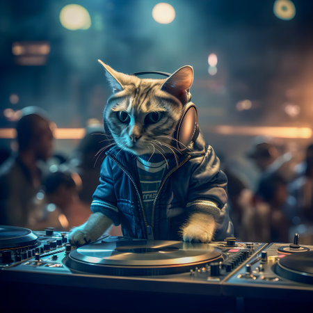 Dj Cat on saturday night, disco style background, anthropomorphic animals, AI Generatedの素材