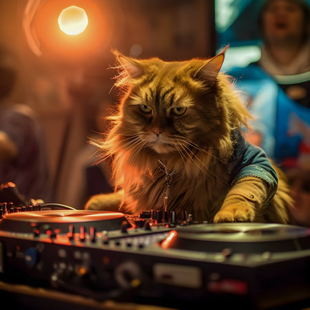 Dj Cat on saturday night, disco style background, anthropomorphic animals, AI Generatedの素材