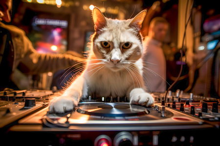 Dj Cat on saturday night, disco style background, anthropomorphic animals, AI Generatedの素材
