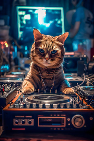Dj Cat on saturday night, disco style background, anthropomorphic animals, AI Generatedの素材