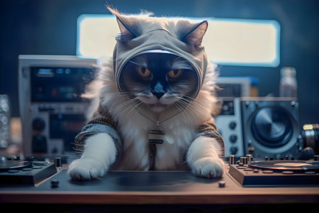 Dj Cat on saturday night, disco style background, anthropomorphic animals, AI Generatedの素材