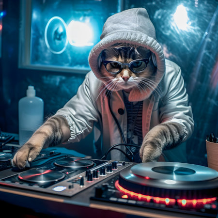 Dj Cat on saturday night, disco style background, anthropomorphic animals, AI Generatedの素材