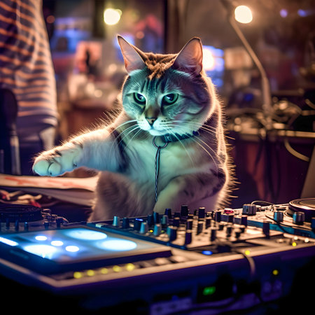 Dj Cat on saturday night, disco style background, anthropomorphic animals, AI Generatedの素材