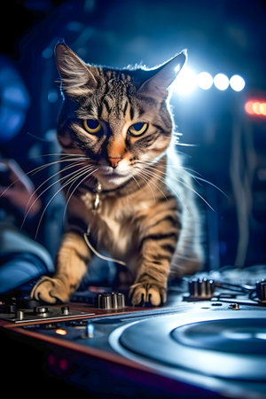 Dj Cat on saturday night, disco style background, anthropomorphic animals, AI Generatedの素材
