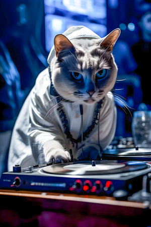 Dj Cat on saturday night, disco style background, anthropomorphic animals, AI Generatedの素材
