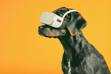 Dog wearing vr glasses, collage, minimalism, AI Generatedの素材