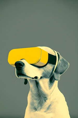 Dog wearing vr glasses, collage, minimalism, AI Generatedの素材