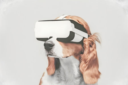 Dog wearing vr glasses, collage, minimalism, AI Generatedの素材