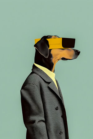 Dog wearing vr glasses, collage, minimalism, AI Generatedの素材