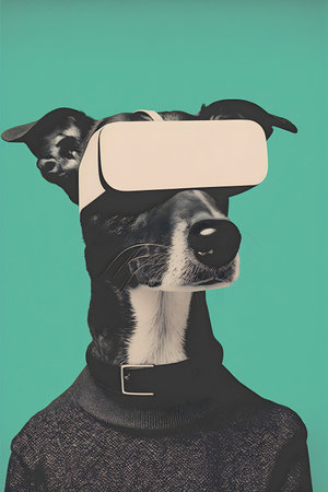 Dog wearing vr glasses, collage, minimalism, AI Generatedの素材