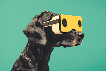 Dog wearing vr glasses, collage, minimalism, AI Generatedの素材