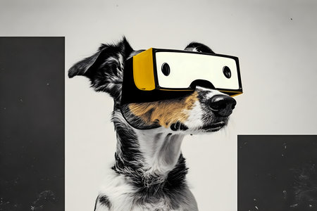 Dog wearing vr glasses, collage, minimalism, AI Generatedの素材